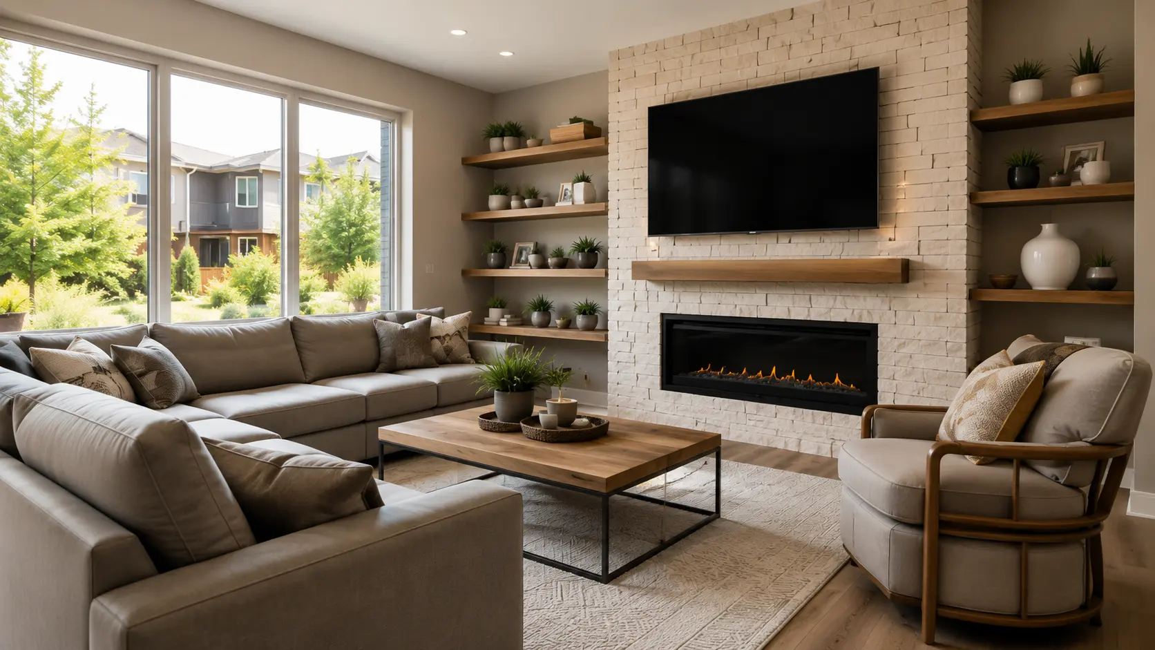 Image showing a beautiful, cozy living room with ample sunlight, comfortable couches, and an elegant fireplace.