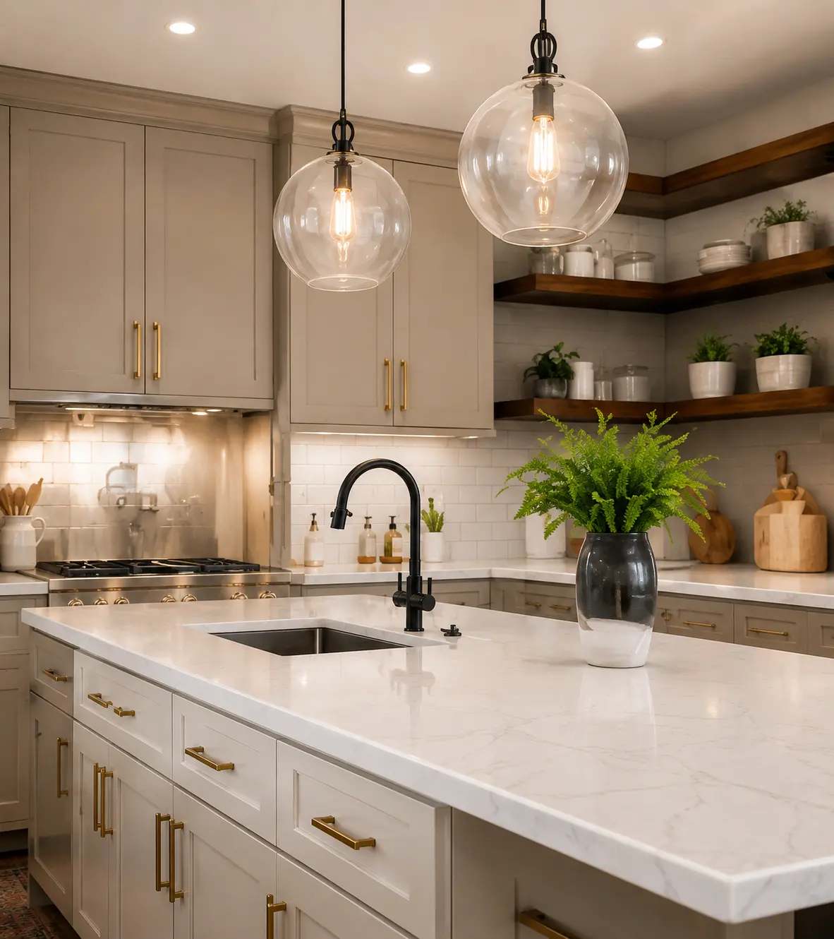 Image of an efficient kitchen layout with a central island and plenty of cabinets and drawers.