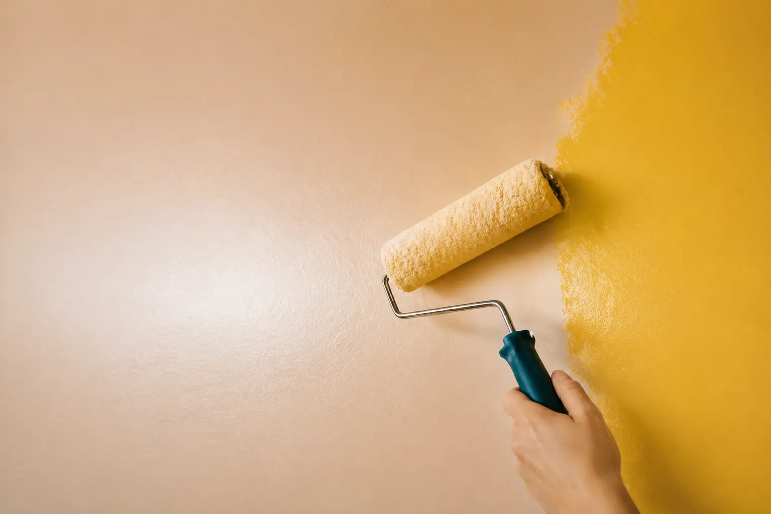 Hero image showing a paint roller on an expertly-painted wall.